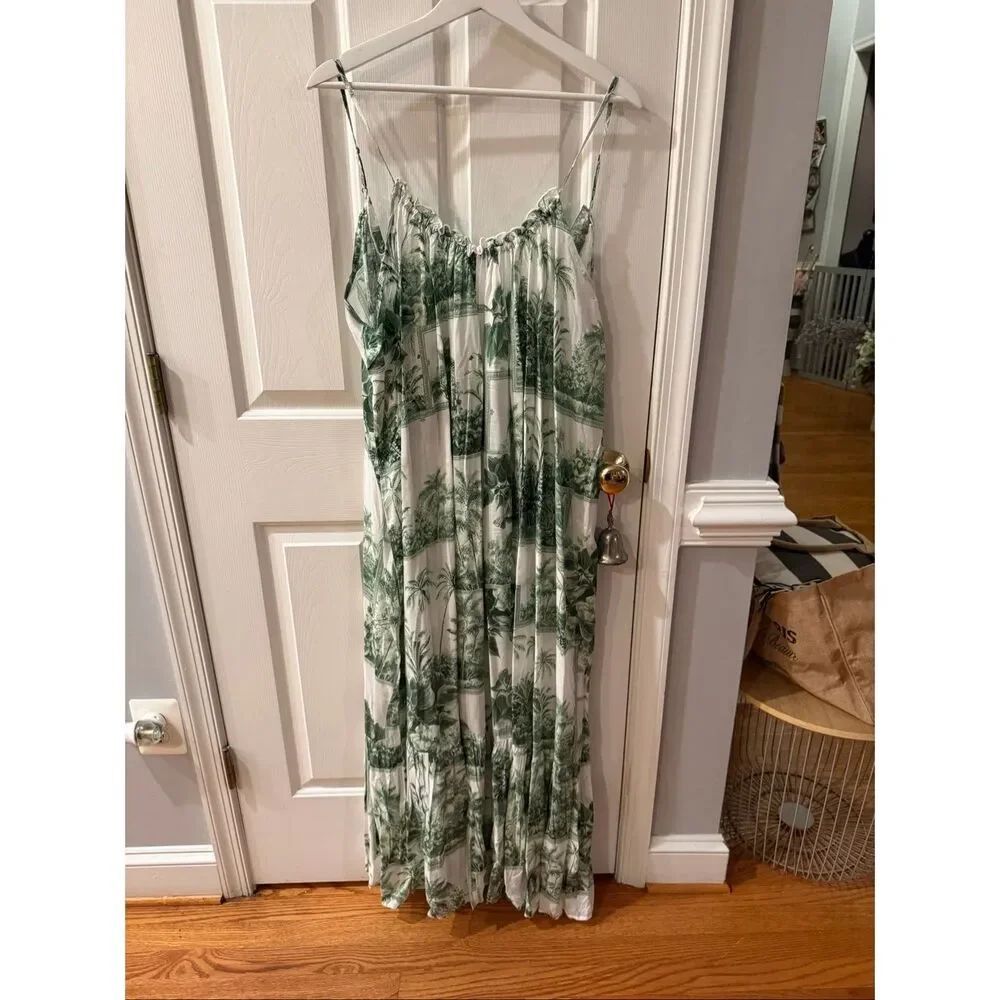 Anthropologie Green & White Palm Tree Semi Sheer Flowy Maci Dress sz 1X NWT